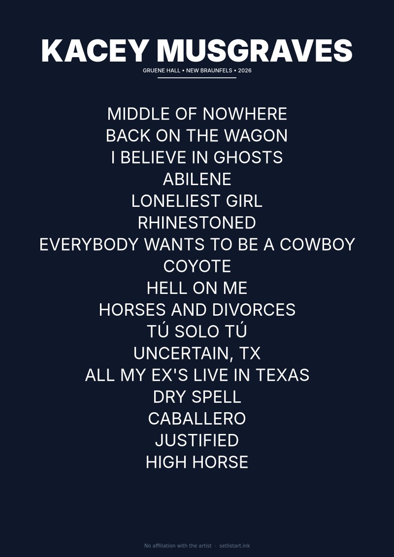 Kacey Musgraves New Braunfels 2026 setlist poster preview