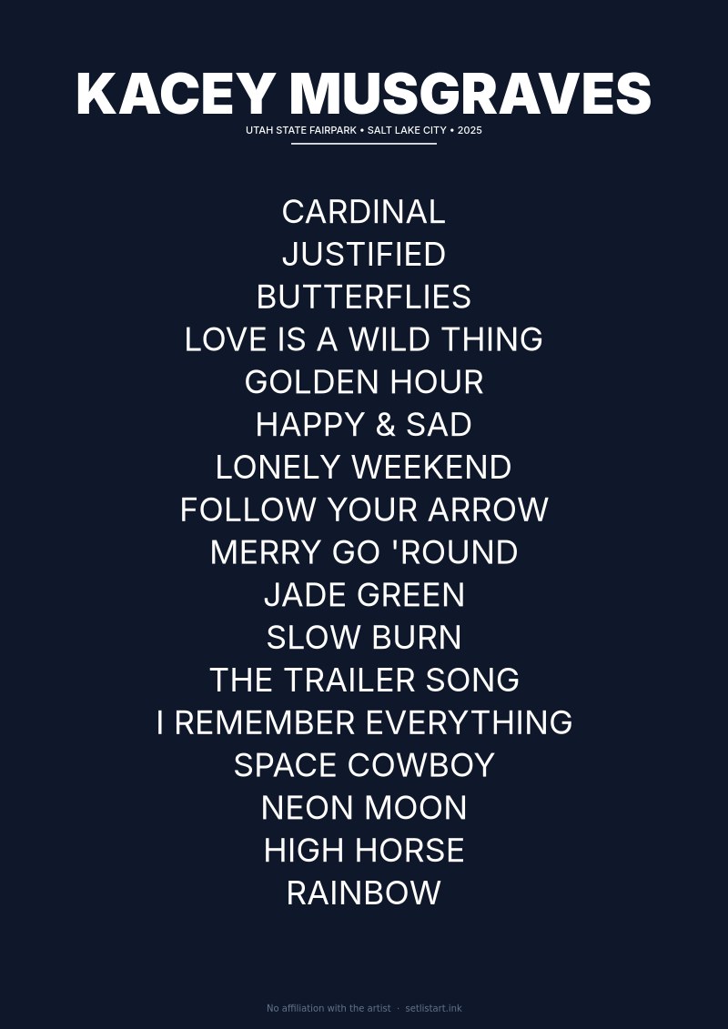 Kacey Musgraves Salt Lake City 2025 setlist poster preview