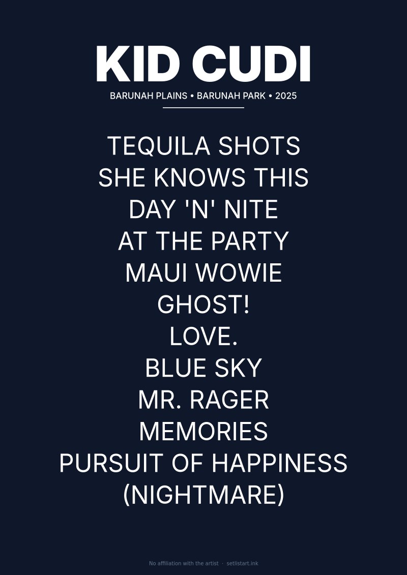 Kid Cudi Barunah Park 2025 setlist poster preview