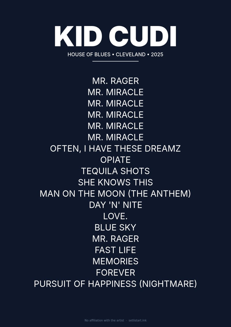 Kid Cudi Cleveland 2025 setlist poster preview