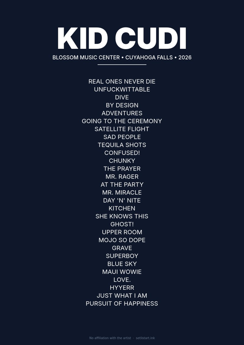 Kid Cudi Cuyahoga Falls Blossom Music Center 2026 setlist poster