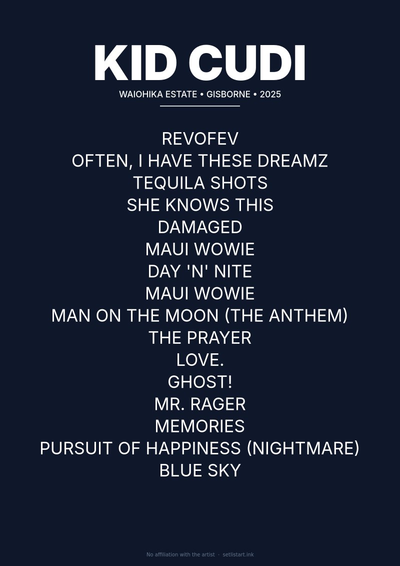 Kid Cudi Gisborne 2025 setlist poster preview