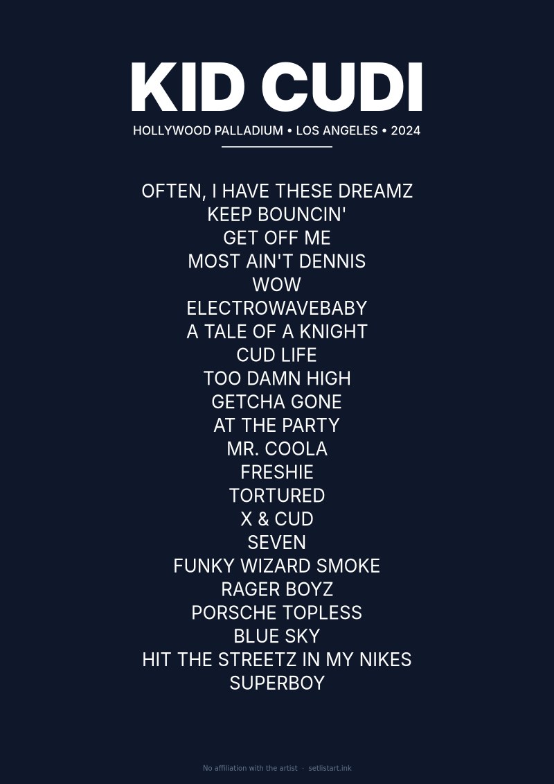 Kid Cudi Los Angeles 2024 setlist poster preview