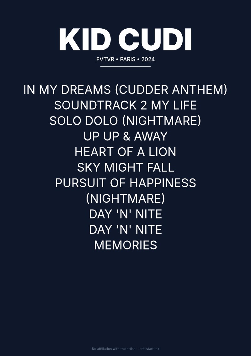 Kid Cudi Paris 2024 setlist poster preview