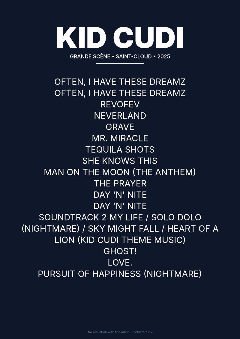 Kid Cudi Saint-Cloud 2025 setlist poster preview