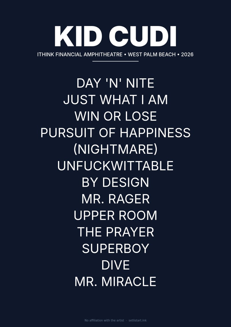 Kid Cudi West Palm Beach 2026 setlist poster preview