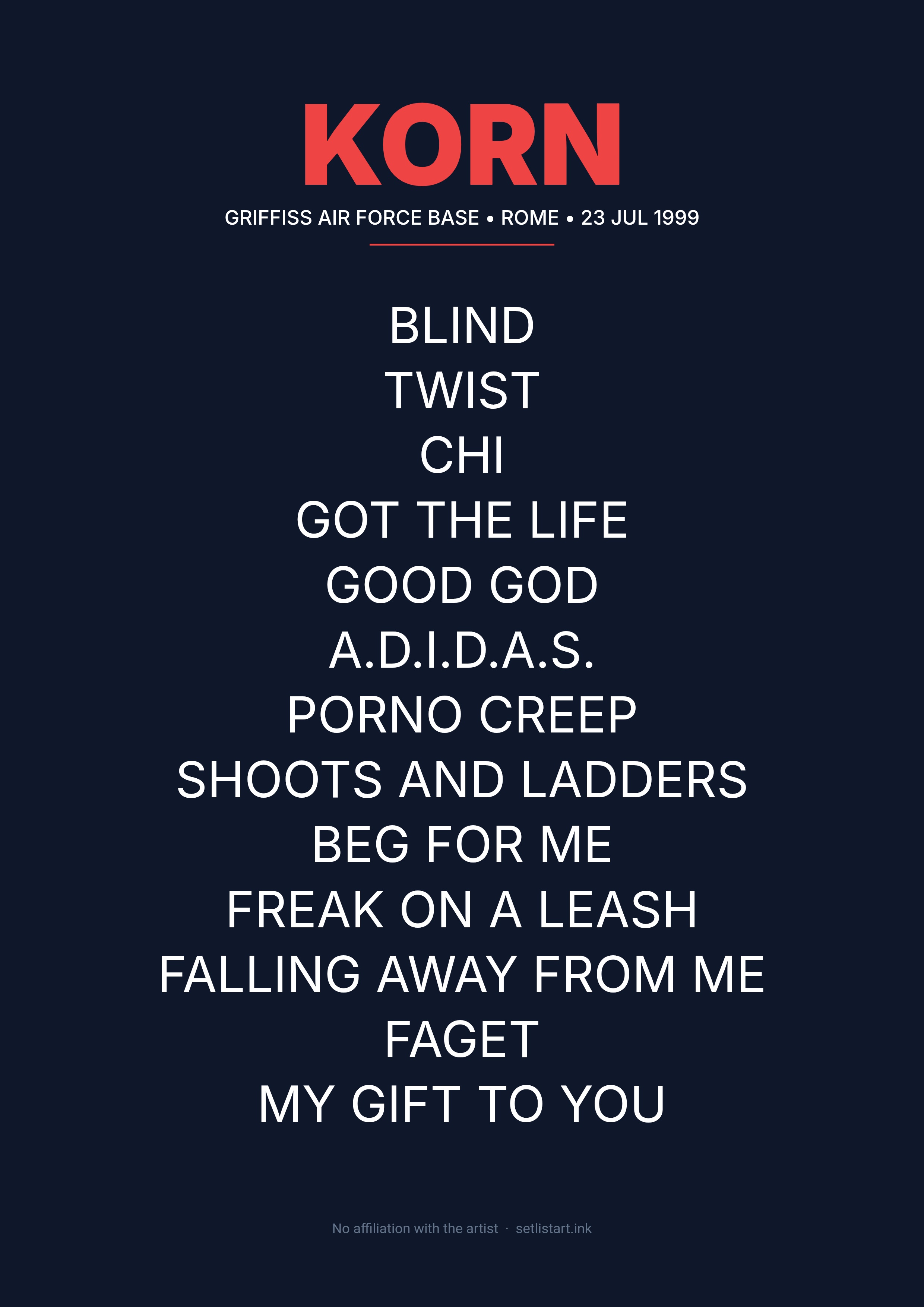 Korn Rome 1999 setlist poster preview