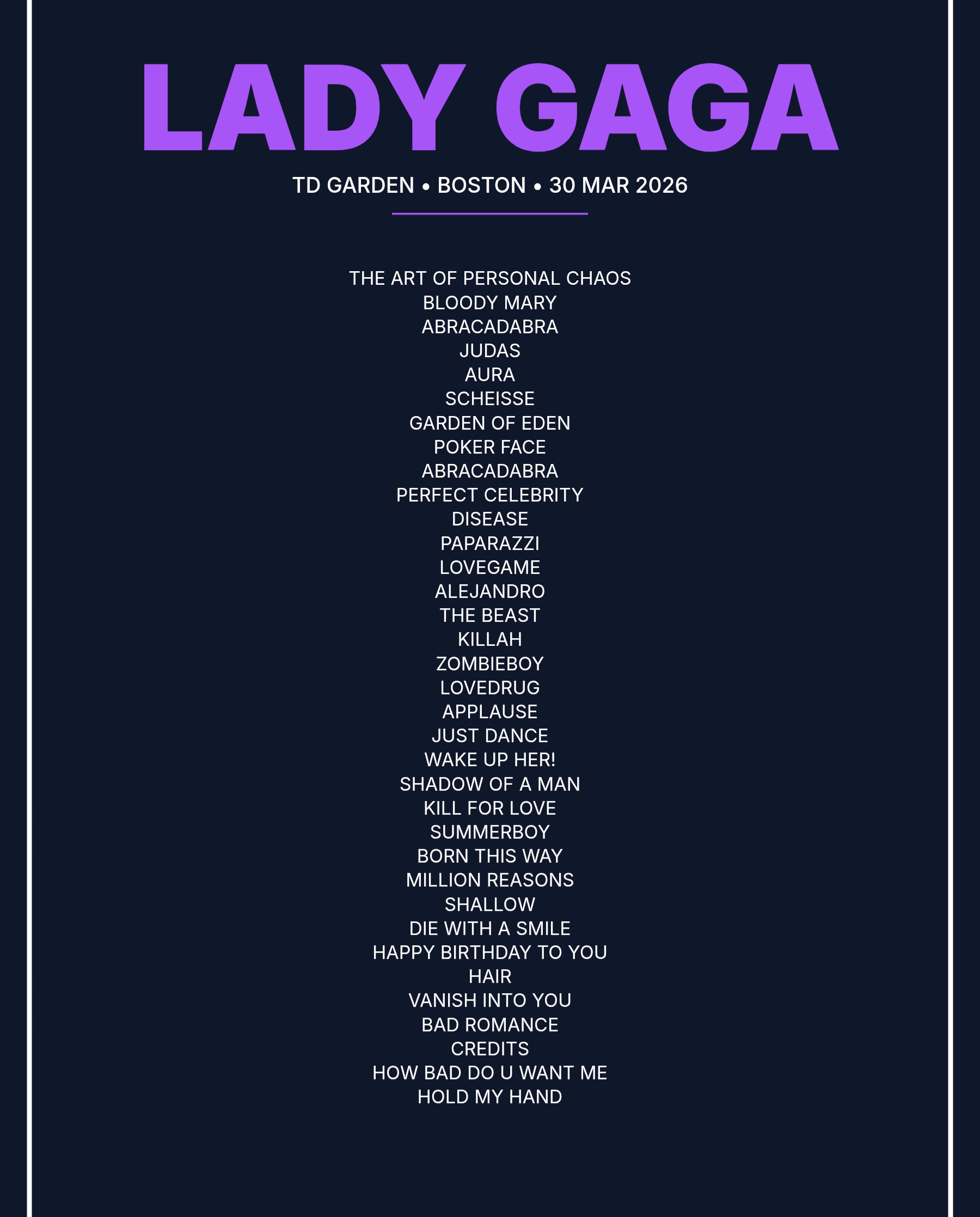Lady Gaga Boston 2026 Night 2 setlist poster preview