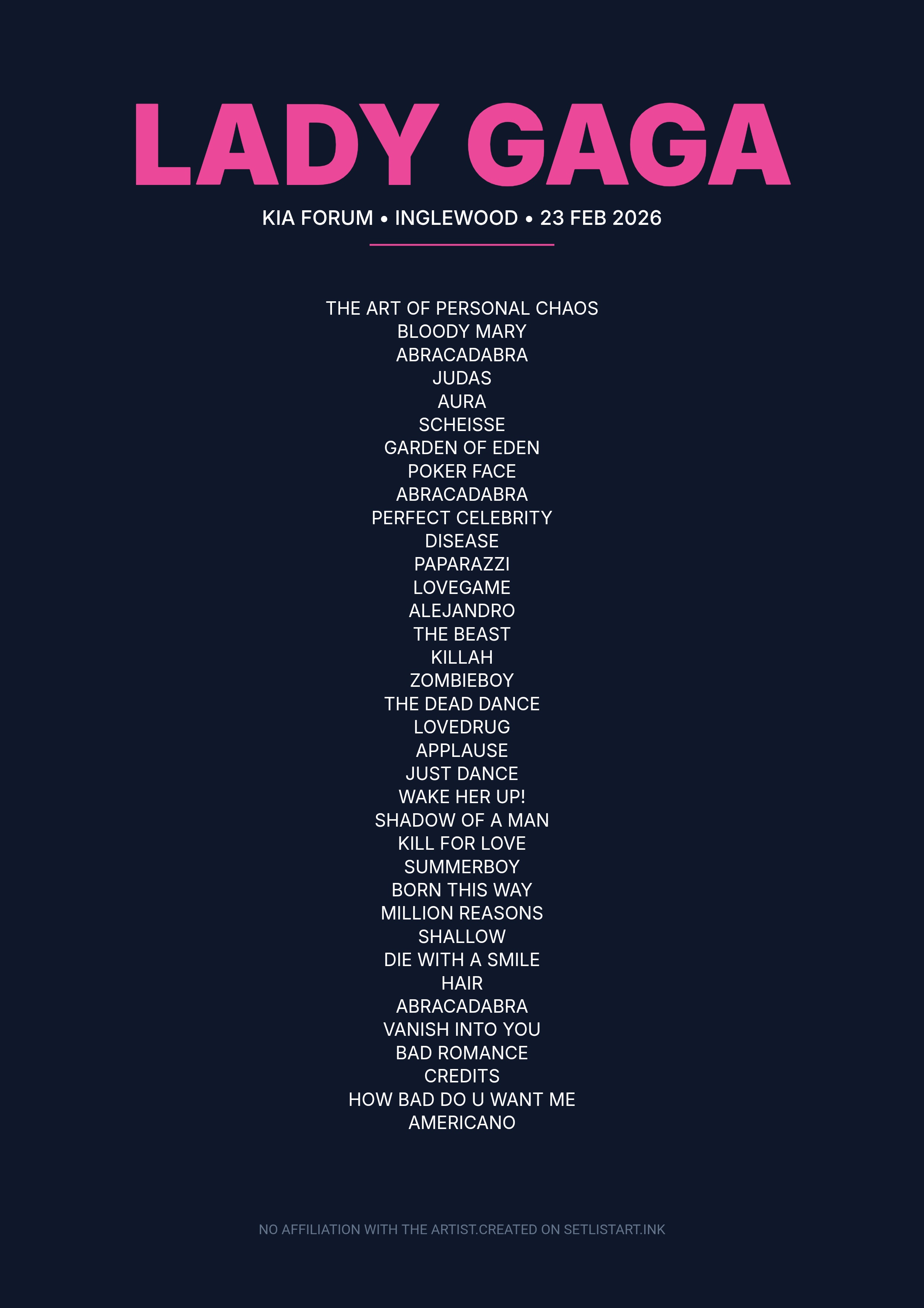 Lady Gaga Inglewood 2026 setlist poster preview