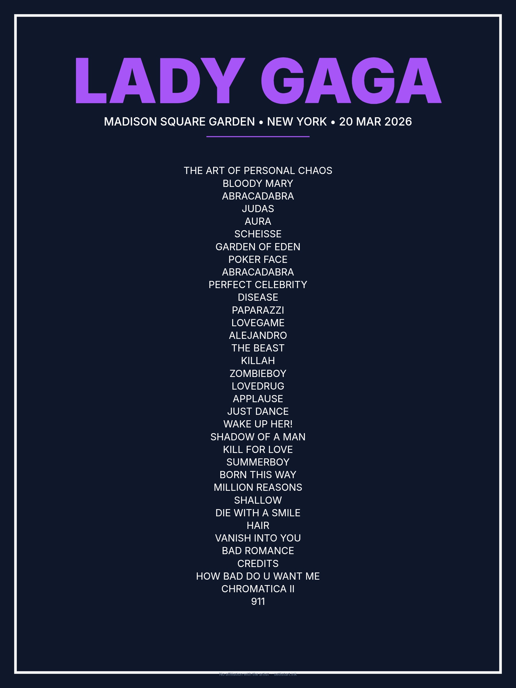 Lady Gaga New York 2026 Night 2 setlist poster preview