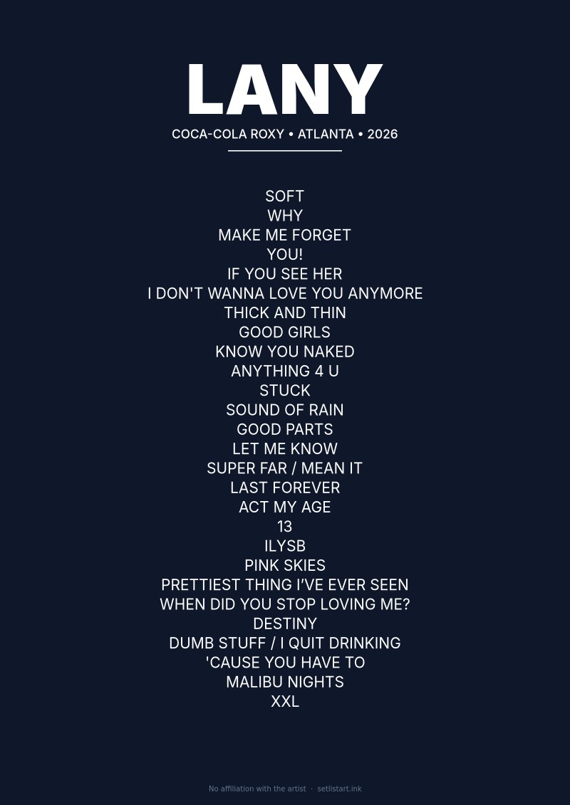 LANY Atlanta 2026 setlist poster preview