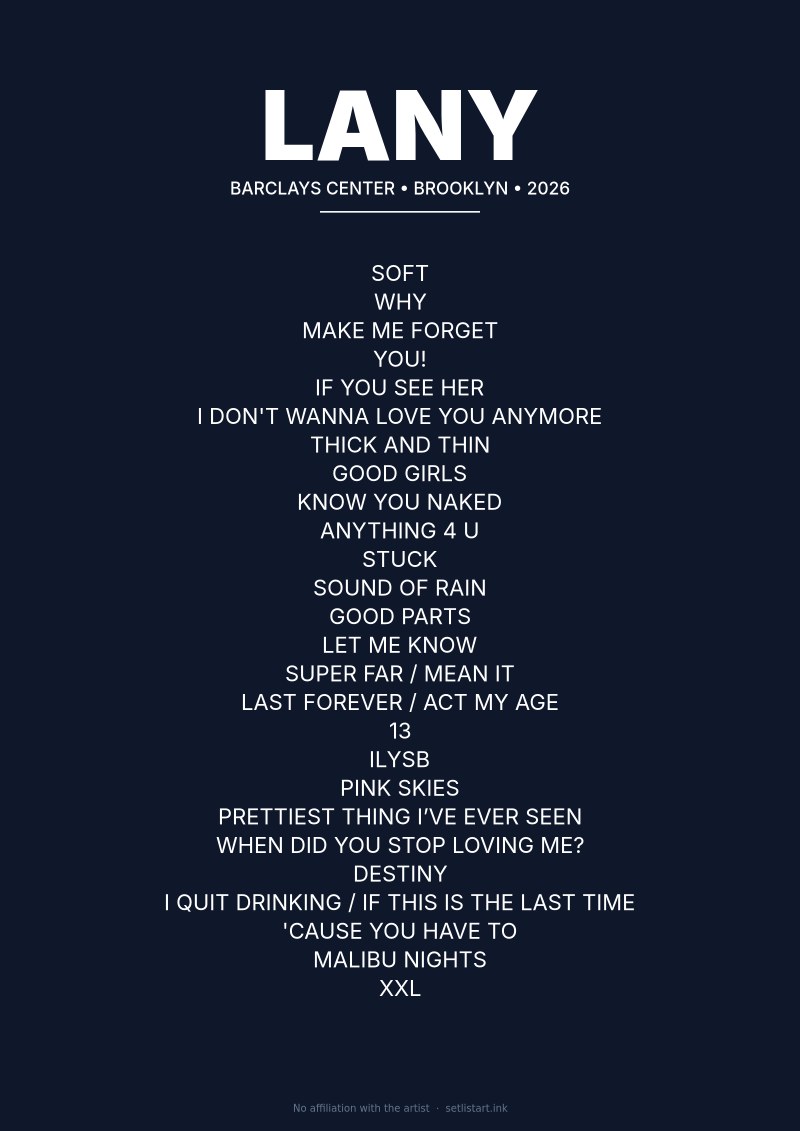 LANY Brooklyn 2026 setlist poster preview