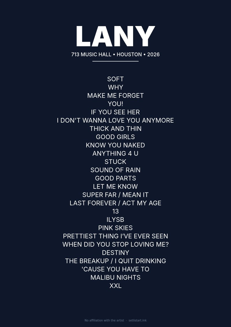 LANY Houston 2026 setlist poster preview