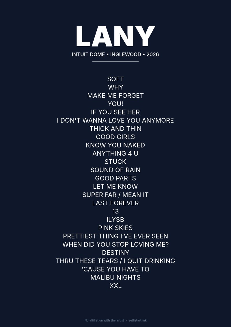 LANY Inglewood 2026 setlist poster preview