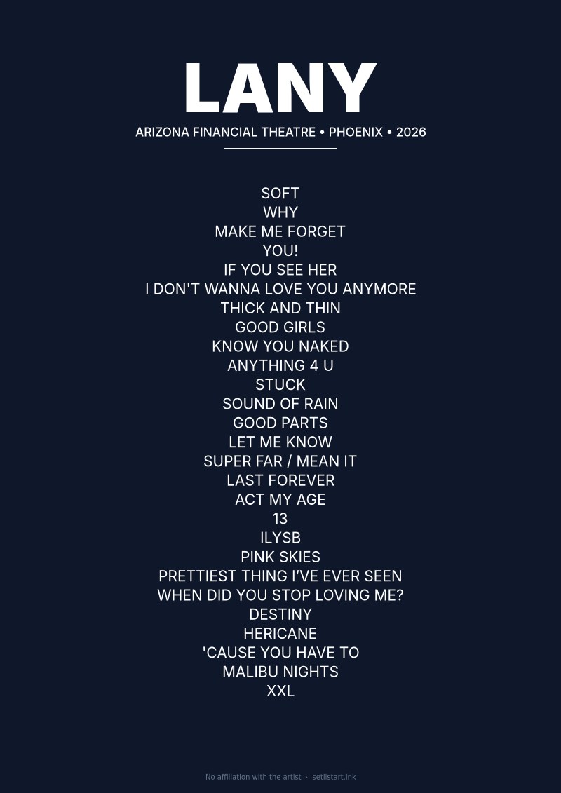 LANY Phoenix 2026 setlist poster preview