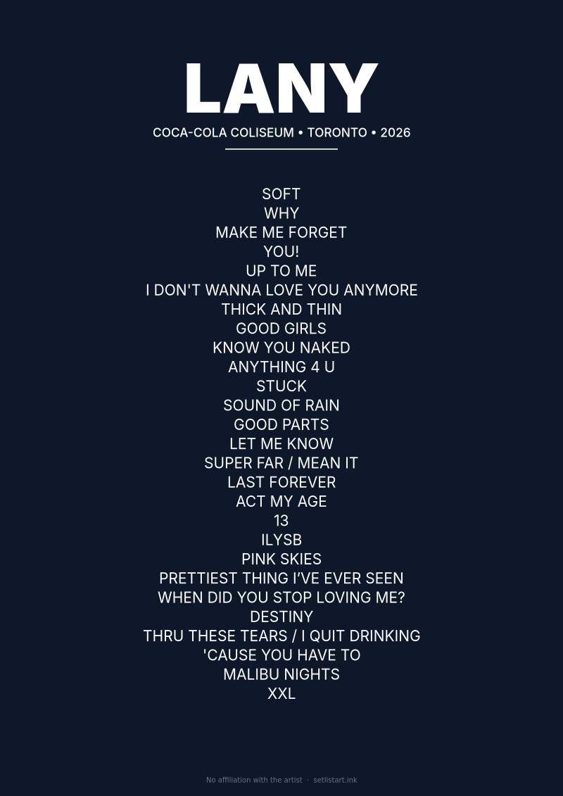 LANY Toronto 2026 setlist poster preview