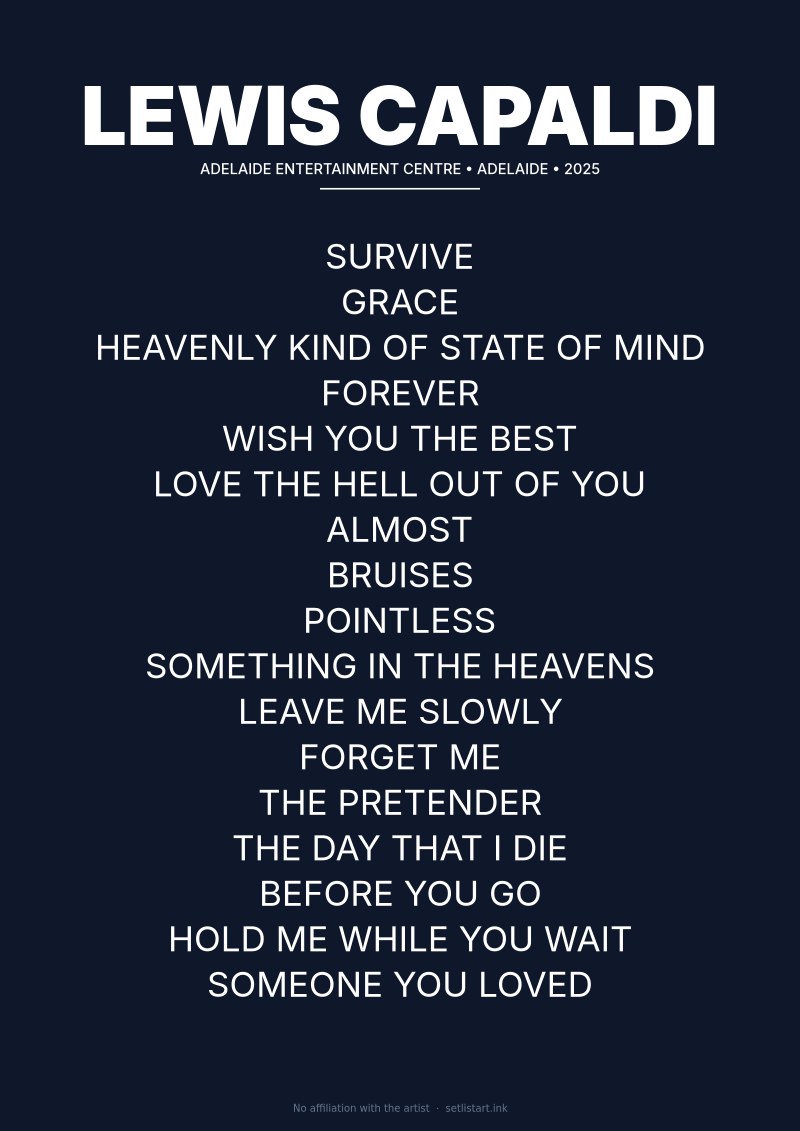 Lewis Capaldi Adelaide 2025 setlist poster preview