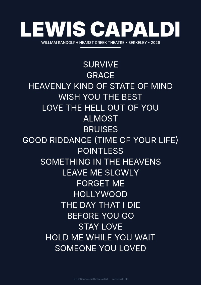 Lewis Capaldi Berkeley 2026 setlist poster preview