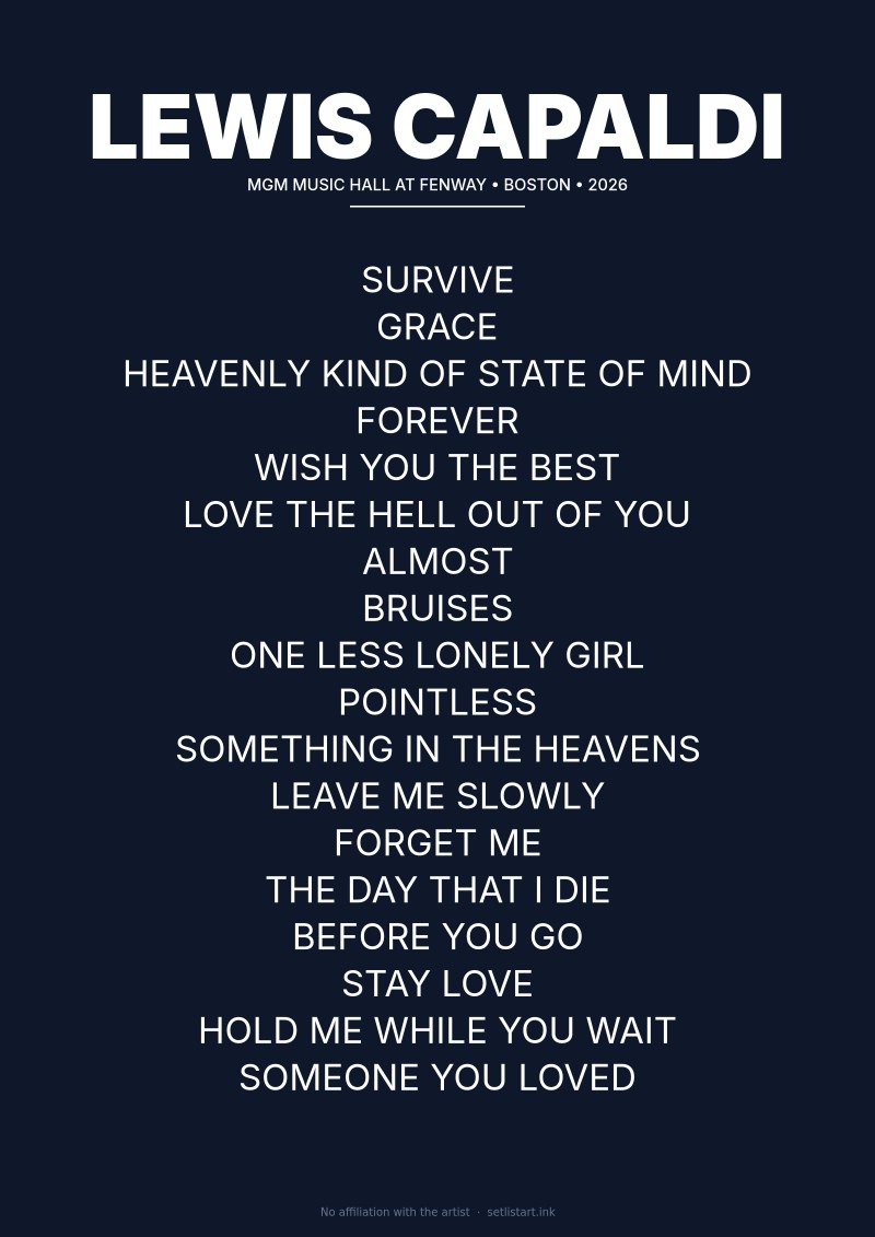 Lewis Capaldi Boston 2026 setlist poster preview