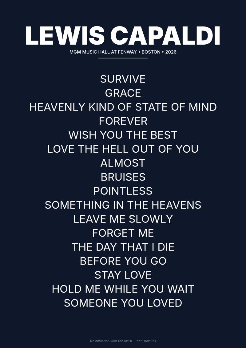 Lewis Capaldi Boston 2026 setlist poster preview