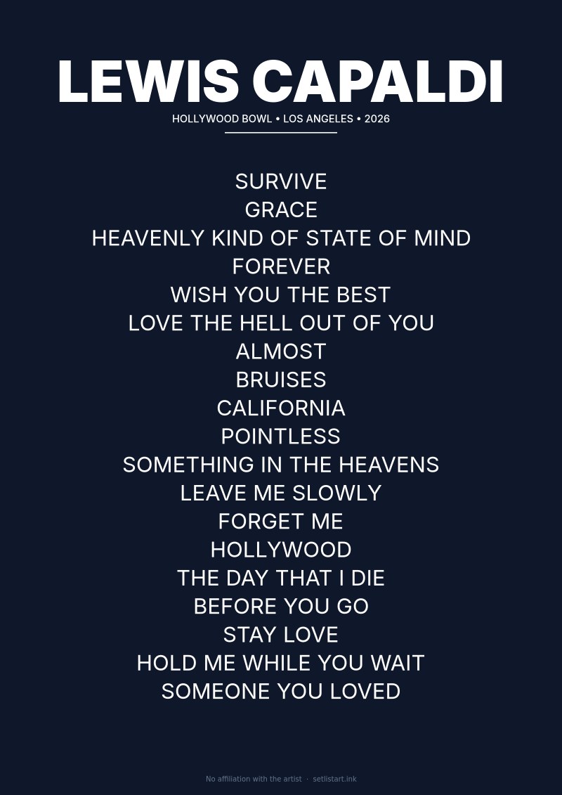 Lewis Capaldi Los Angeles 2026 setlist poster preview