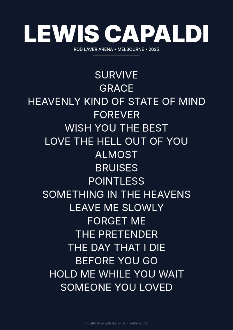 Lewis Capaldi Melbourne 2025 setlist poster preview