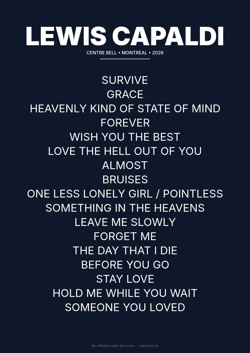 Lewis Capaldi Montreal 2026 setlist poster preview
