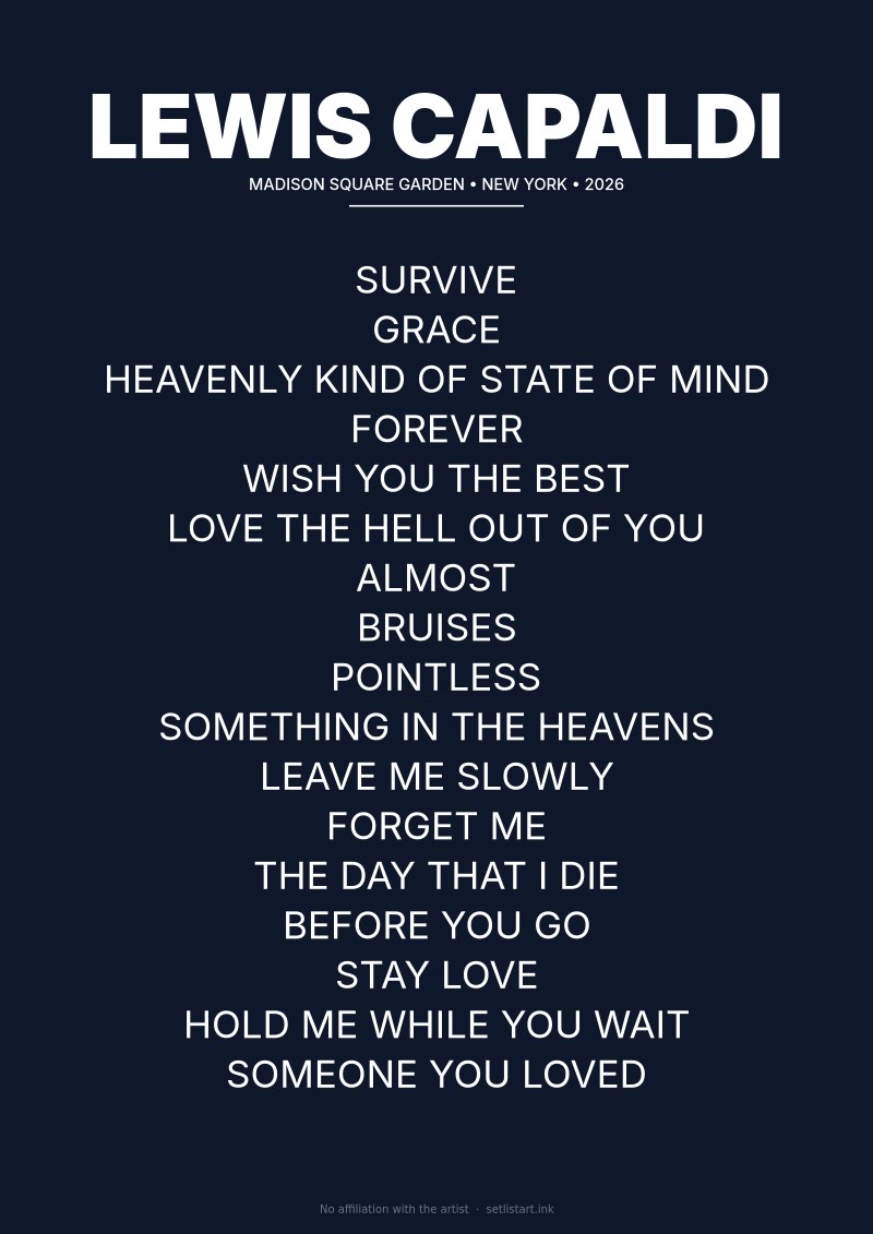 Lewis Capaldi New York 2026 setlist poster preview