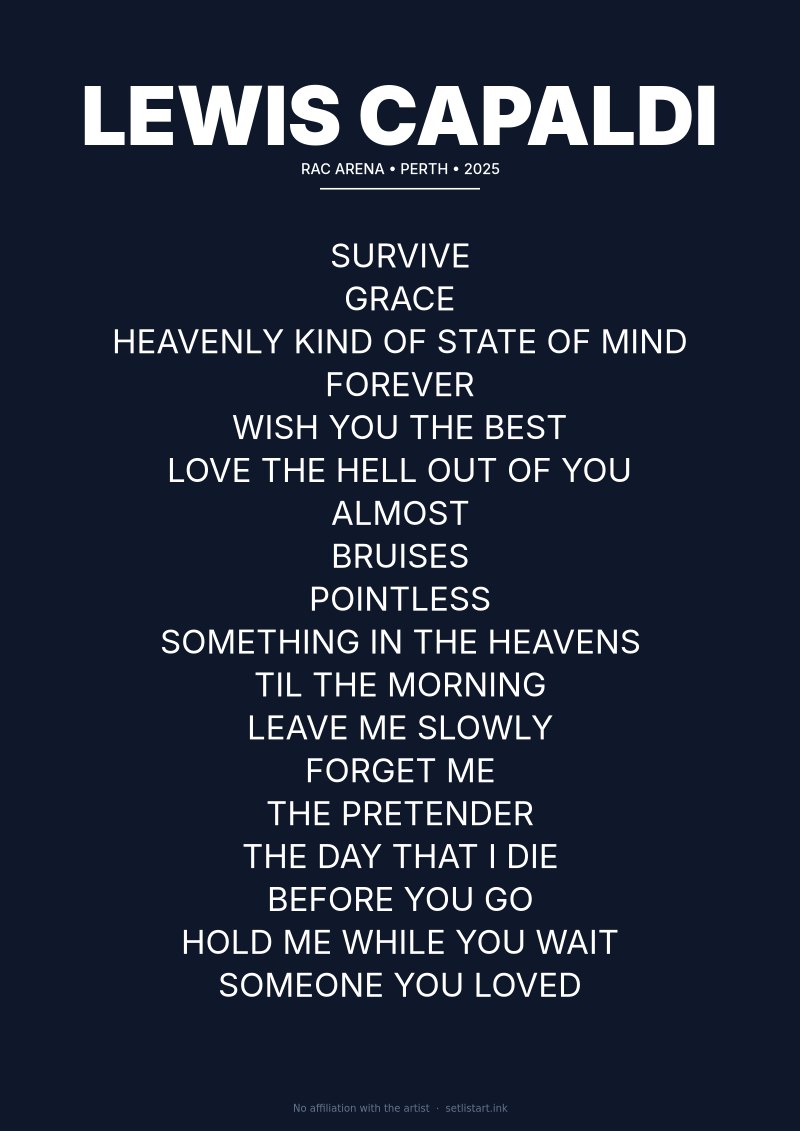 Lewis Capaldi Perth 2025 setlist poster preview
