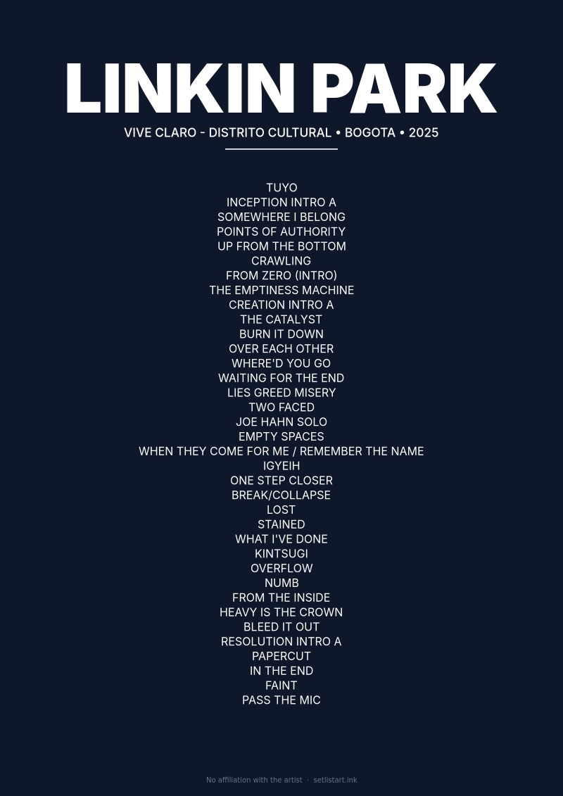 Linkin Park Bogota 2025 setlist poster preview