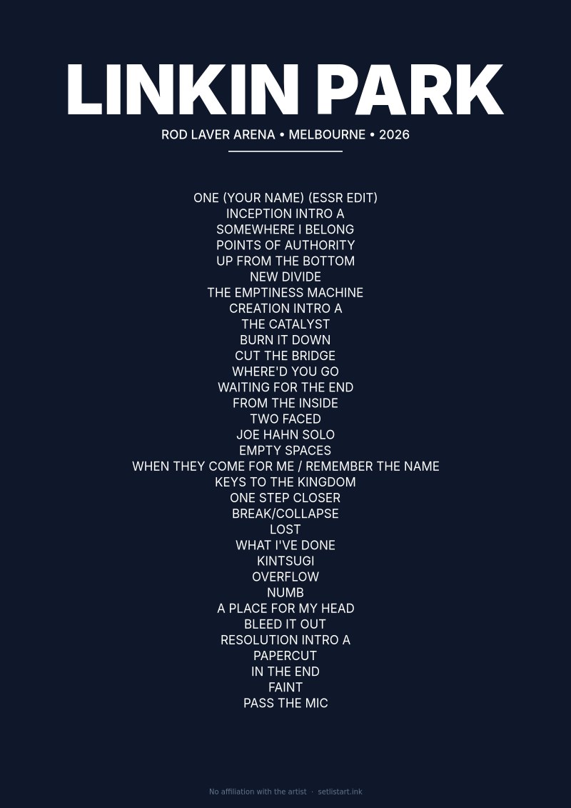 Linkin Park Melbourne 2026 setlist poster preview