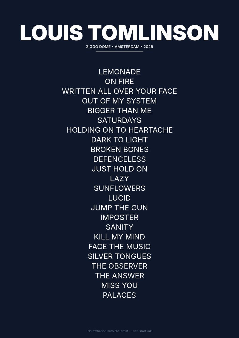 Louis Tomlinson Amsterdam 2026 setlist poster preview