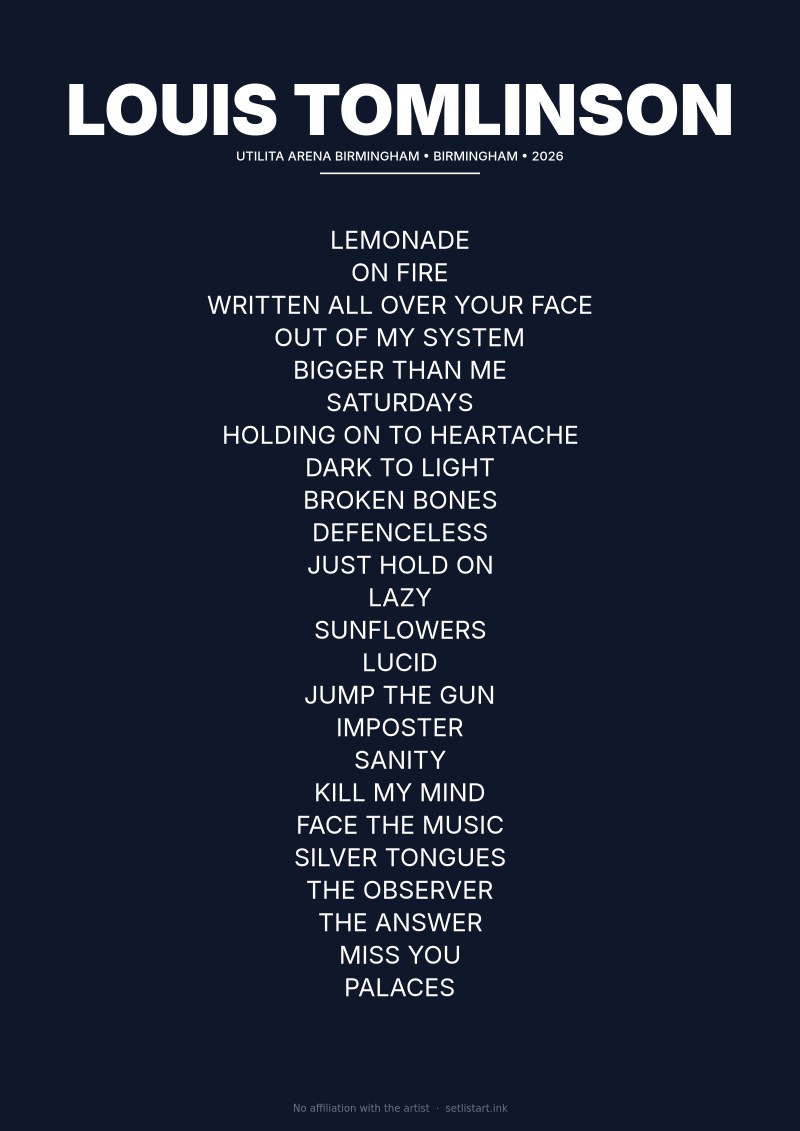 Louis Tomlinson Birmingham 2026 setlist poster preview