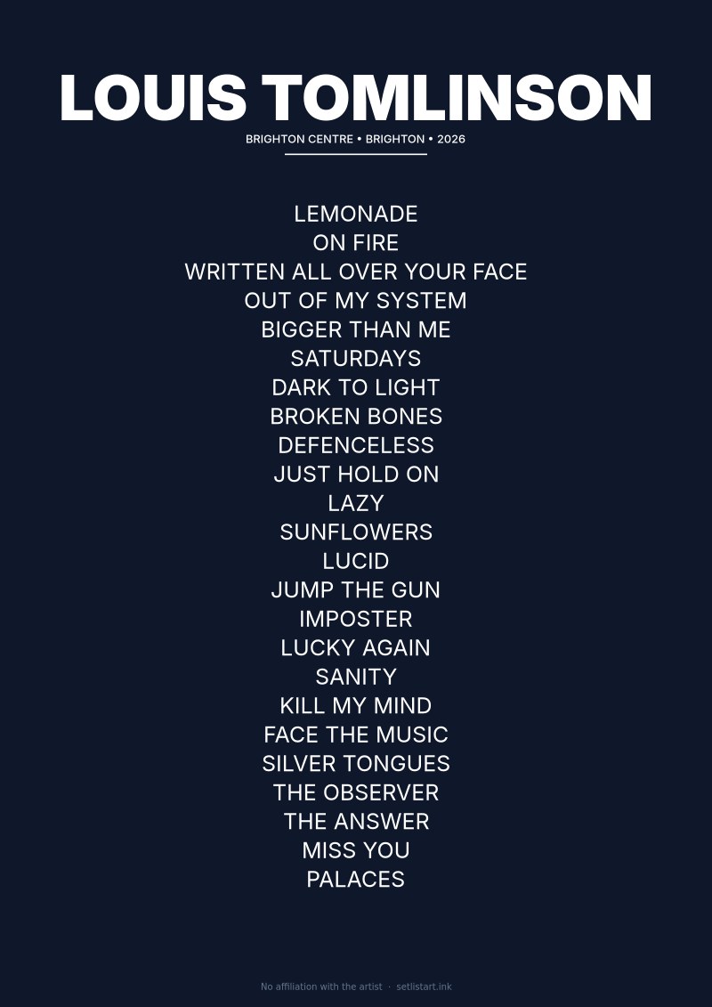 Louis Tomlinson Brighton 2026 setlist poster preview