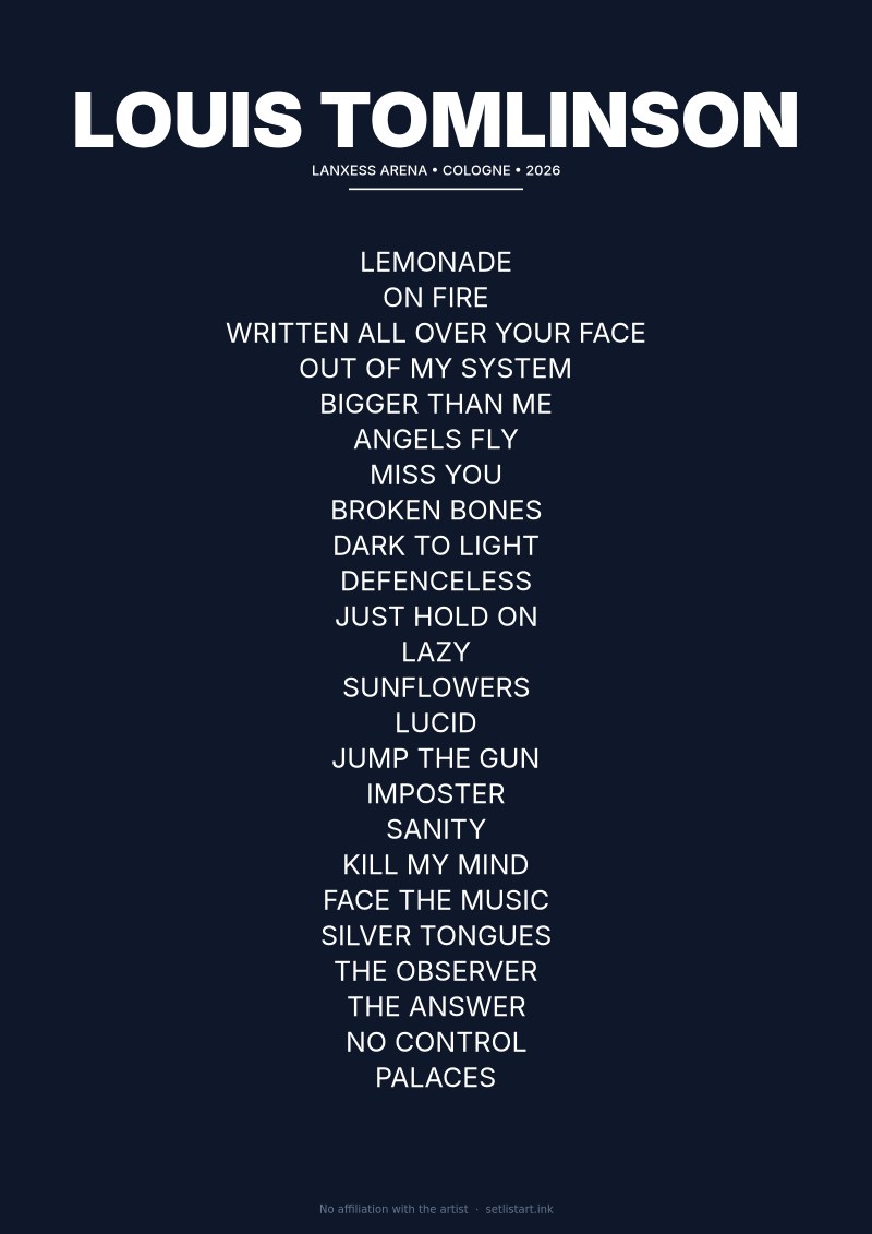 Louis Tomlinson Cologne 2026 setlist poster preview