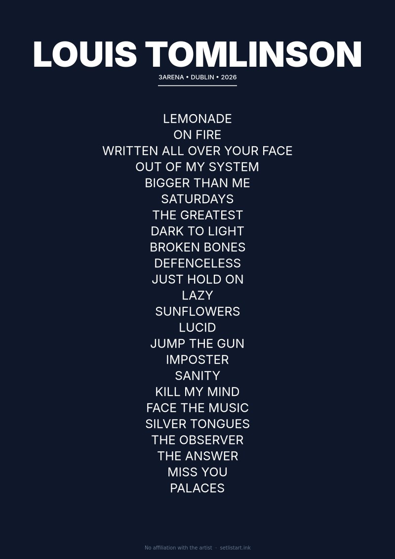 Louis Tomlinson Dublin 2026 setlist poster preview