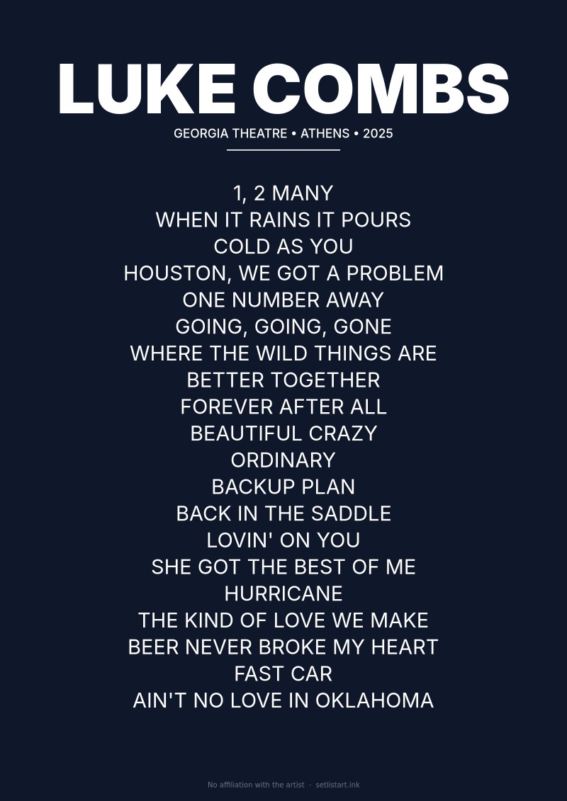 Luke Combs Athens 2025 setlist poster preview