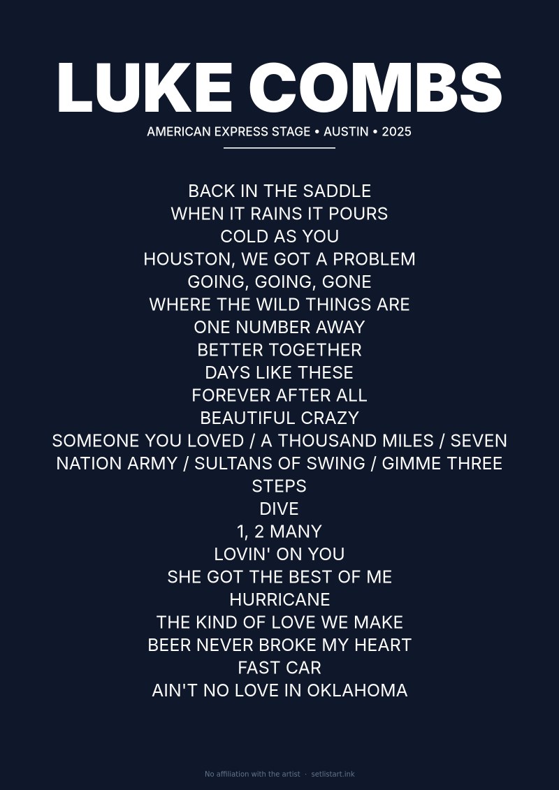 Luke Combs Austin 2025 setlist poster preview