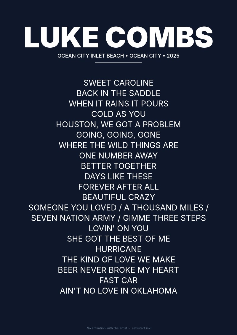Luke Combs Ocean City 2025 setlist poster preview