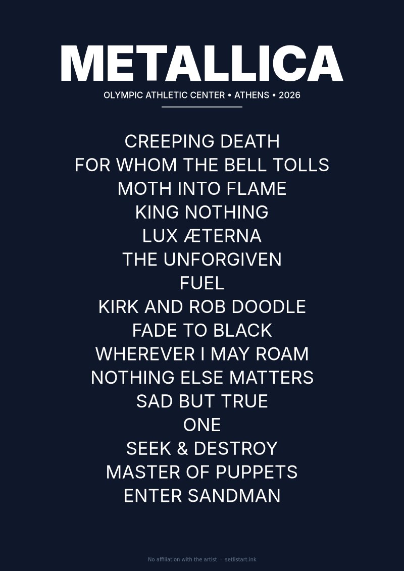 Metallica Athens 2026 setlist poster — M72 World Tour