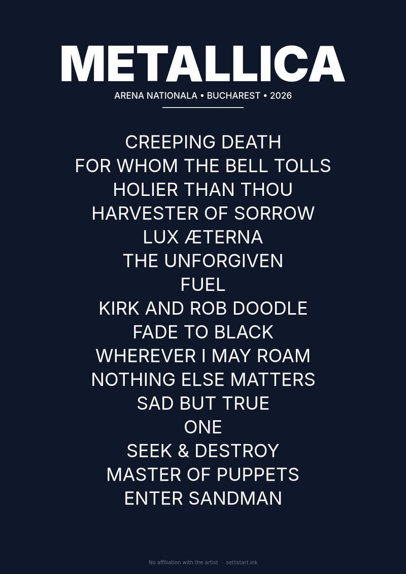 Metallica Bucharest 2026 setlist poster — M72 World Tour