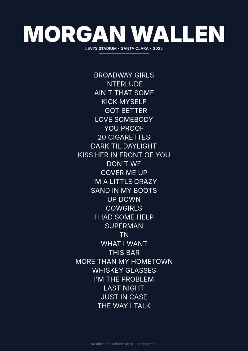 Morgan Wallen Santa Clara 2025 setlist poster preview