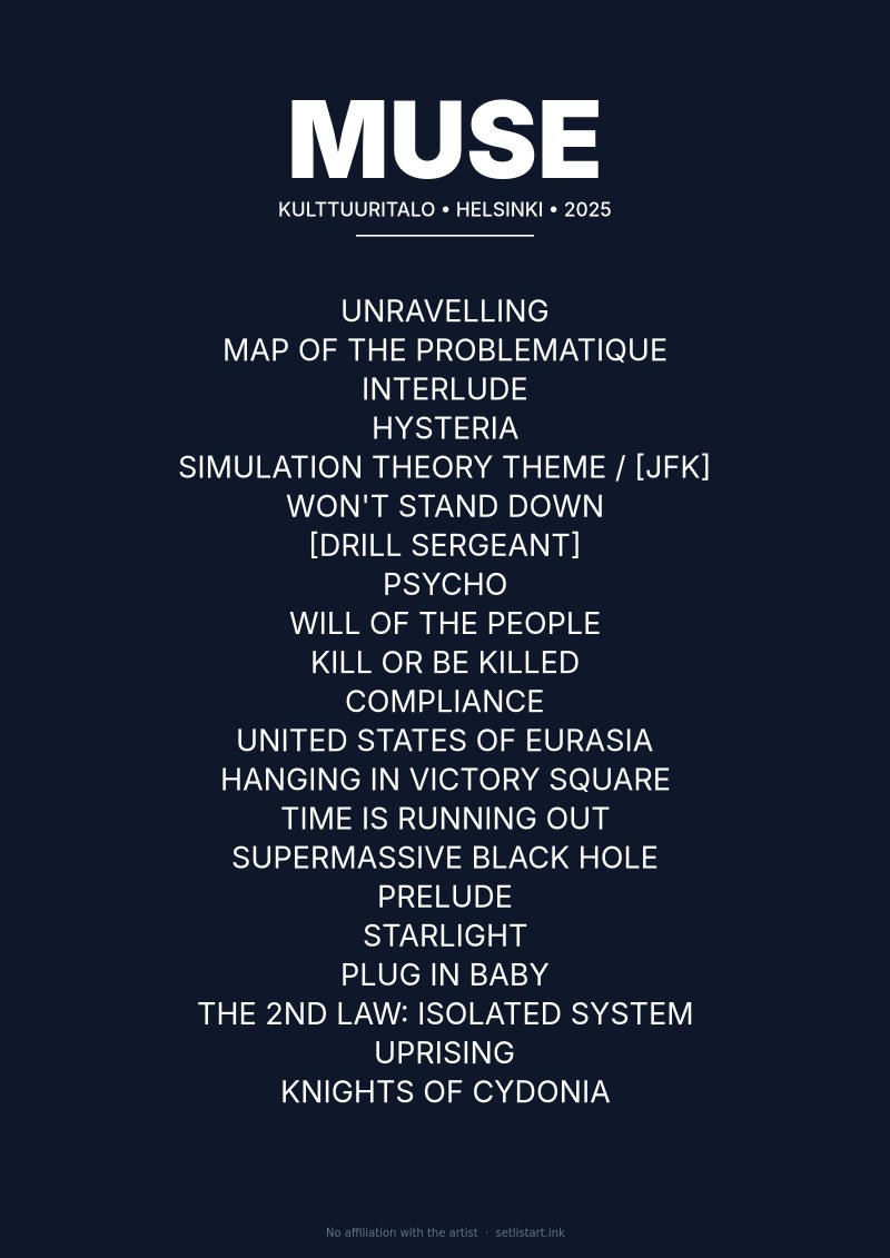 Muse Helsinki 2025 setlist poster preview