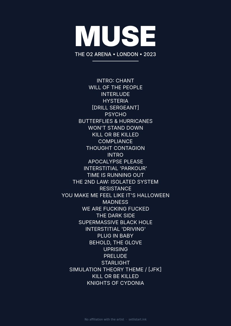 Muse London 2023 setlist poster preview