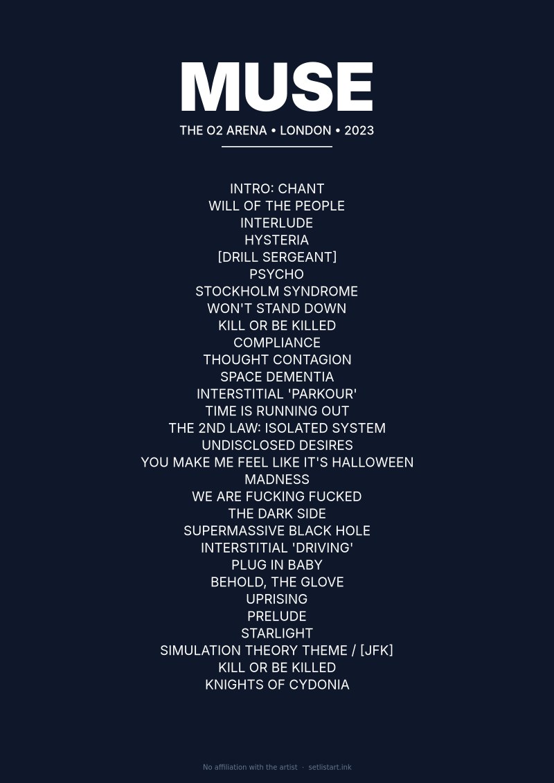 Muse London 2023 setlist poster preview