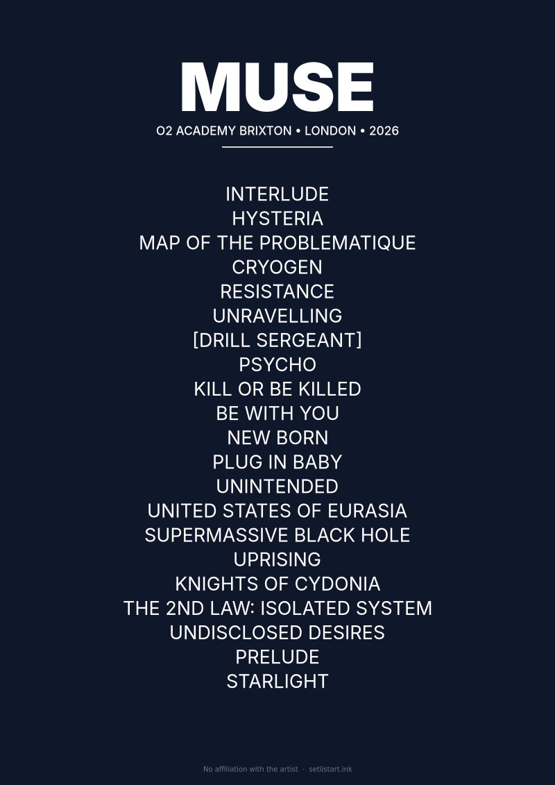 Muse London 2026 setlist poster preview