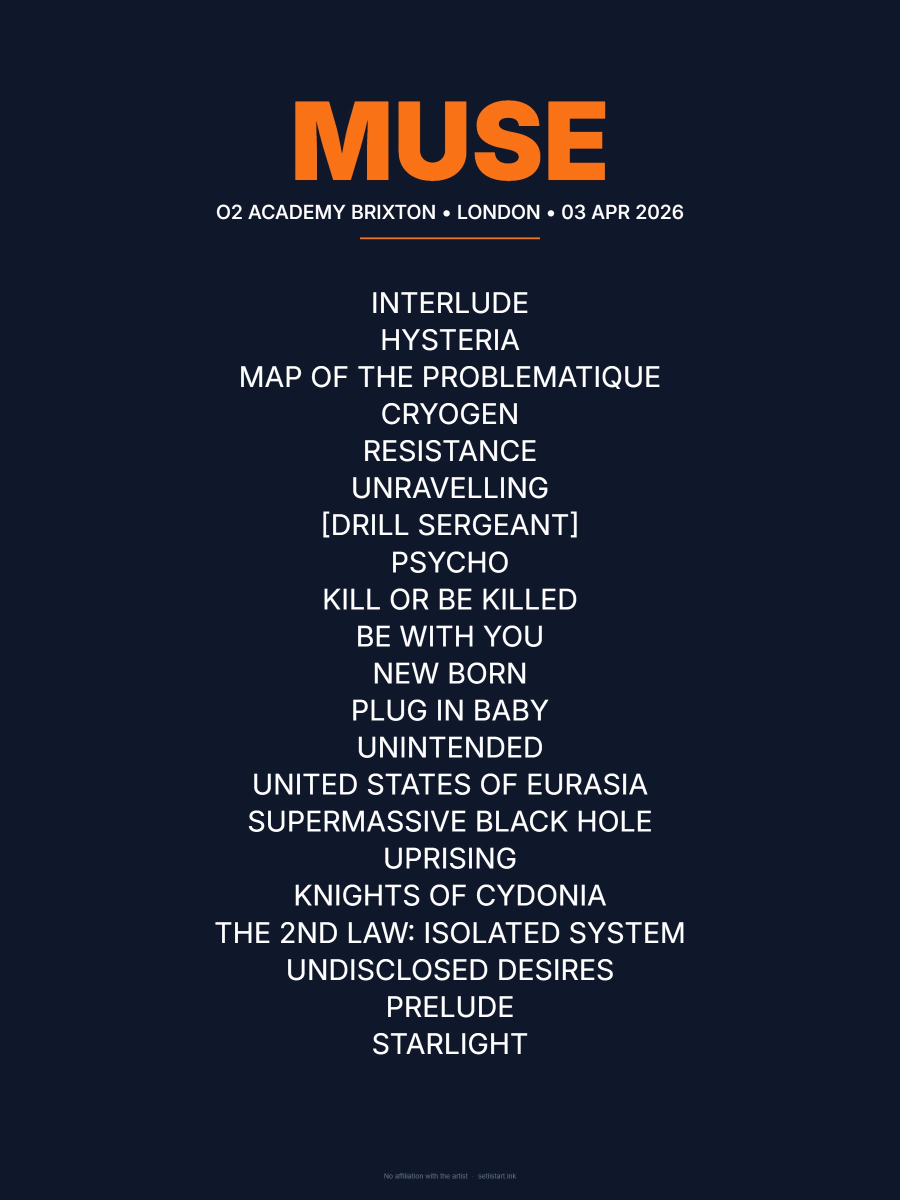Muse London 2026 setlist poster preview