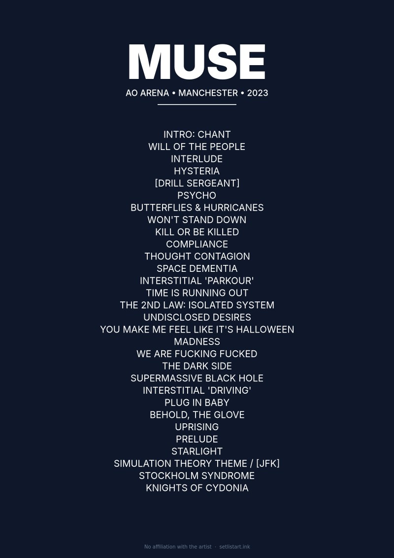 Muse Manchester 2023 setlist poster preview