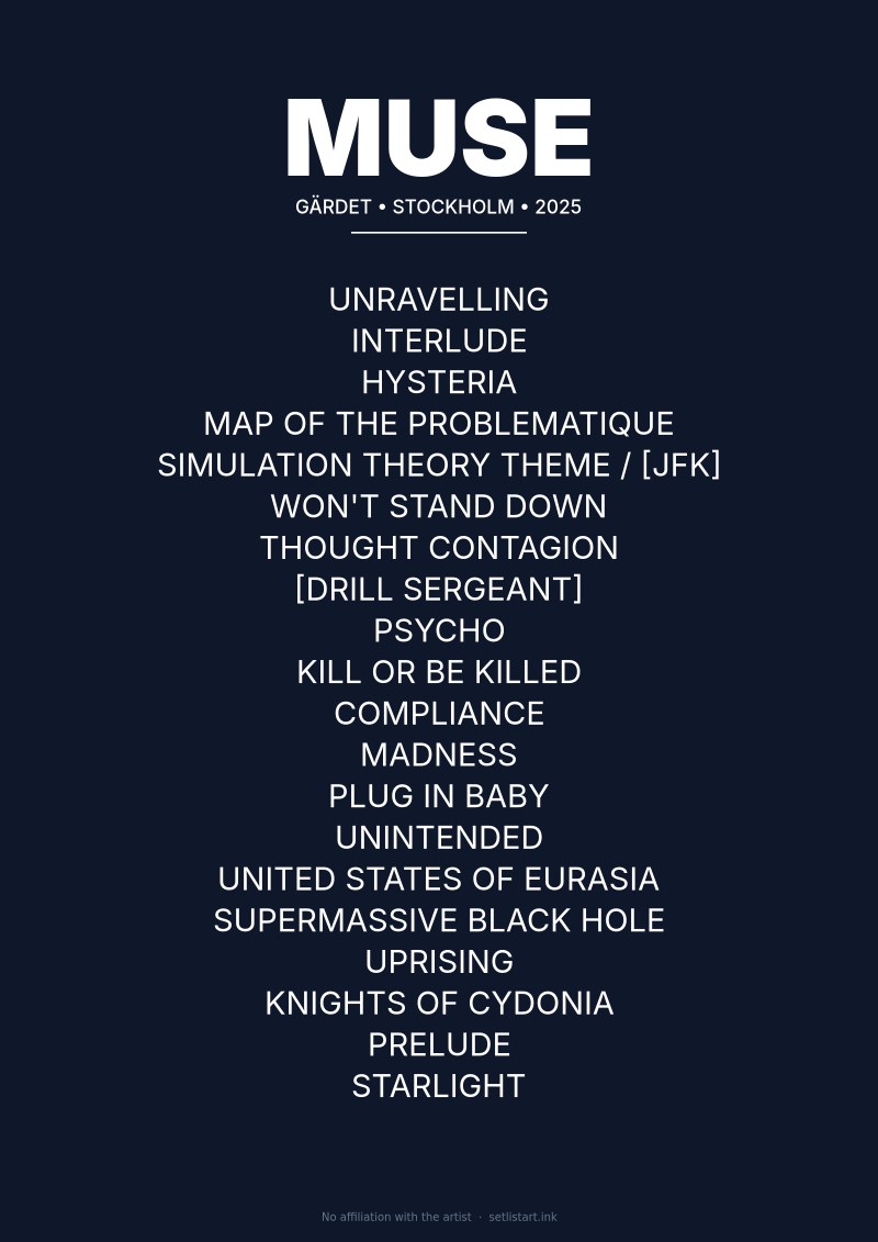 Muse Stockholm 2025 setlist poster preview