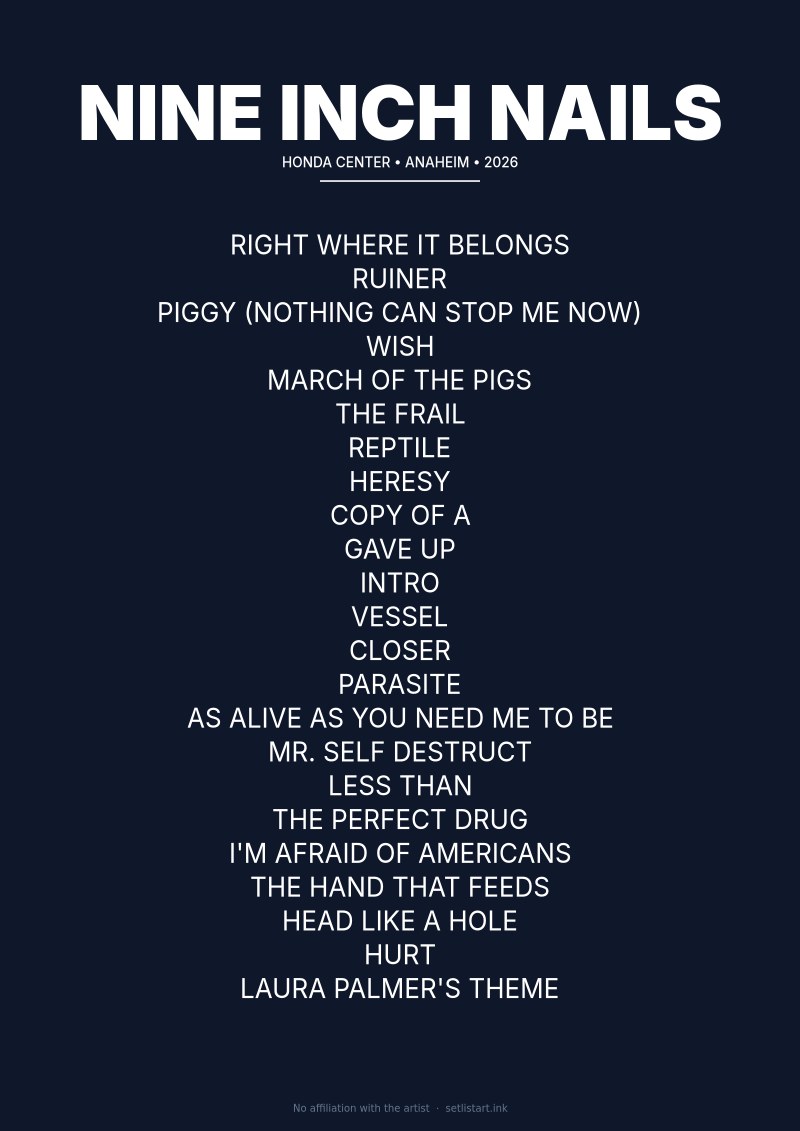 Nine Inch Nails Anaheim 2026 setlist poster preview